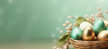 AI generated Golden, green and white Easter eggs in wicker basket with pussy willows, on green background. Banner with copy space. For elegant Easter themes and holiday marketing, highlighting luxury photo