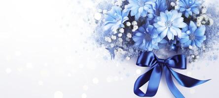 AI generated Elegant bouquet of blue flowers wrapped in a shiny blue satin ribbon. Banner with copy space. Ideal for poster, greeting card, event invitation, promotion, advertising, print, photo