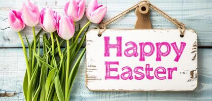 AI generated A festive Easter display with pink tulips and a Happy Easter sign on a rustic wooden background. Ideal for seasonal marketing and greeting cards. photo