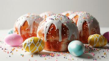 AI generated Kulich, traditional Russian Easter bread, adorned with white glaze and colorful sprinkles. With colored eggs. On light background. Festive Easter cupcakes. Ideal for culinary blog photo