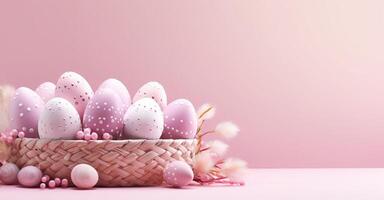 AI generated Softly colored Easter eggs with intricate designs in rustic basket alongside pussy willows, on gentle pink backdrop. Banner with copy space. For serene Easter celebration photo