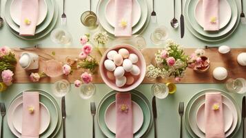 AI generated Pastel Easter table setup with eggs and spring flowers. Top view. Pink and green colors. Festive dinner photo