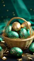 AI generated Basket of ornate teal and gold Easter eggs set against a teal background with sheer fabric. With copy space. Ideal for festive decoration themes and Easter holiday concepts photo