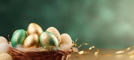 AI generated Gold and Teal Easter eggs in basket, set before rich green background. Banner with copy space. For refined Easter event promotions and high end springtime decor, symbolizing affluence photo