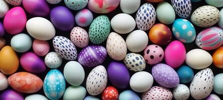 AI generated Numerous Easter eggs in vibrant colors and diverse designs fill the image. Top view. Copy space. Perfect for holiday-themed advertisements or celebration backgrounds. photo