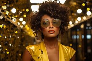 AI generated Young woman with voluminous hair and golden attire. Retro style with focus on 80s fashion. Concept for masquerade, holiday and corporate party. Suitable for fashion photo