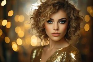 ai generado joven hermosa rubia mujer con brillante maquillaje en un oro lentejuela vestir en un espumoso antecedentes. concepto para mascarada, día festivo, corporativo fiesta y la vida nocturna foto