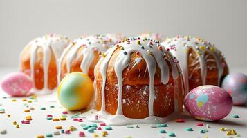 AI generated Freshly baked Easter cakes, Kuliches, with white glaze and colorful sprinkles, surrounded by colored eggs. Traditional Russian Easter cupcakes. Festive bread. Ideal for Celebratory events photo