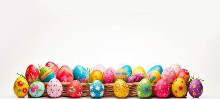 AI generated Colorful Easter eggs with vibrant patterns in basket on white background. Banner with copy space. Suitable for spring holiday marketing and greeting cards. Embodies festive joy photo