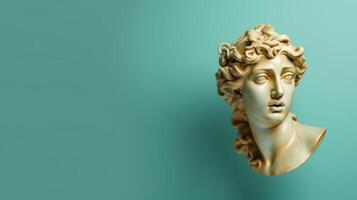 AI generated Gold antique statue of female head on a light green solid background. Ideal for contemporary art projects. Banner with copy space. photo