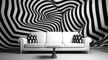 AI generated Minimalist sofa in front of a bold, vortex-like striped wall. Optical illusion in the interior. Perfect for use in contemporary style guides and visual art discussions. photo