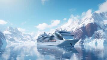 AI generated Cruise Ship Sailing in Icy Waters with Snowy Mountains, glaciers and Icebergs. Arctic Voyage. Polar Expedition. Tourism and travel concept. Ideal for background, card, banner, poster. photo