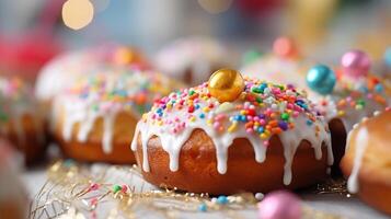 AI generated Vibrant Easter Kulich topped with a smooth glaze and colorful candies set against a festive backdrop. Traditional Russian Easter cupcakes. Festive bread. Ideal for holiday promotions photo