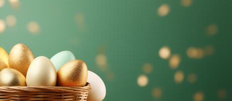 AI generated Golden and white Easter eggs in wicker basket on green background. Banner with copy space. Perfect for elegant Easter themes and holiday marketing, highlighting luxury and tradition. photo