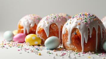 ai generado recién horneado Pascua de Resurrección pasteles, kuliches, con blanco vidriar y vistoso asperja, rodeado por de colores huevos. tradicional ucranio Pascua de Resurrección pastelitos festivo un pan. Perfecto para foto