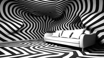 AI generated Interior design image featuring a couch with a striking black and white swirl wallpaper. Optical illusion in the interior. Ideal for decor, advertising, and artistic illustrations. photo