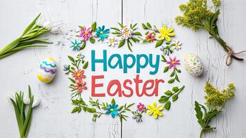 AI generated A festive Happy Easter greeting text with colorful paper flowers and decorated eggs on a rustic white background. Suitable for greeting cards and Easter holiday promotions. photo