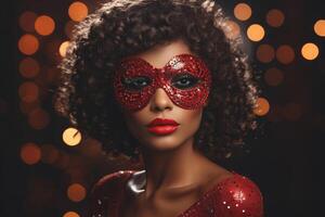 AI generated Glamorous brunette with bright makeup in a masquerade mask and red sequin dress. Concept for masquerade, holiday and corporate party. Ideal for fashion, event promotions, luxury content photo