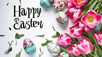 AI generated A flat lay of pink tulips and painted Easter eggs with Happy Easter text in the center. Ideal for greeting cards and holiday marketing. photo