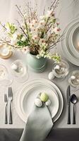 AI generated Top view of Easter dining table setting with plates, pastel eggs, flowers. Green and white colors. Ideal for lifestyle content and magazine spreads focused on seasonal celebrations photo