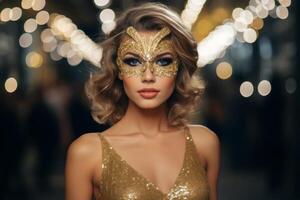 AI generated Young glamorous blonde woman with bright makeup in a masquerade mask and golden sequin dress on a sparkling background. Concept for masquerade, holiday, corporate party and nightlife photo