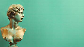 AI generated Gold antique statue of a male head on a light green blue solid background. Ideal for contemporary art projects. Banner with copy space. photo