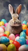 AI generated Easter bunny surrounded by many colorful brightly painted eggs. Festive Rabbit. For greeting card, invitation, postcard, poster, web design. Ideal for Easter celebrations. photo