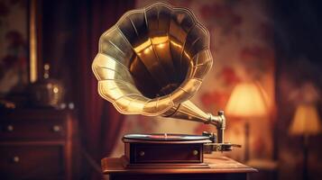 AI generated Old-fashioned record player with a prominent horn, set against diffused light. Vintage gramophone. Can be used in blogs, websites about vintage music players, antique collections photo