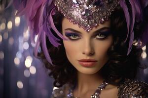 AI generated Young glamorous brunette with bright makeup in a purple masquerade headdress. Ideal for fashion, event promotions, or luxury content. Concept for masquerade, holiday and corporate party. photo