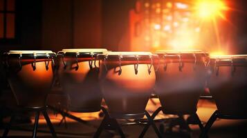 AI generated A row of conga drums on stage, lit by warm stage lights with a bokeh effect. Ideal for music-themed projects and performance promotions. Traditional percussion musical instrument photo