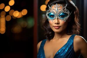 AI generated Asian woman with bright makeup in masquerade mask and blue sequin dress. Ideal for fashion, event promotions, or luxury content. Concept for masquerade, holiday and corporate party. photo