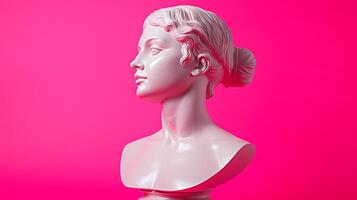 AI generated White sculpture of a female bust on a vibrant pink red background, ideal for contemporary art projects photo