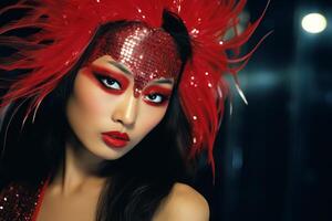 AI generated Asian woman with bright makeup in masquerade mask and red sequin dress on dark background. Ideal for fashion, event promotions, or luxury content. Concept for masquerade, corporate party photo