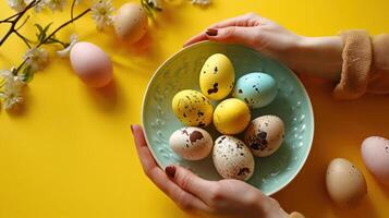 AI generated Colorful assortment of Easter eggs in blue-green dish, cradled by hands with bright yellow floral backdrop. Top view. Perfect for holiday-themed advertisements, DIY tutorials, or festive photo