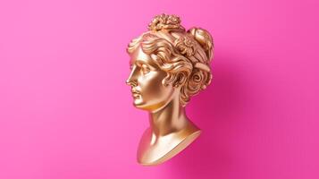 AI generated Gold antique statue of a female head on a pink solid background, perfect for use in artistic or abstract visual content. With copy space. photo