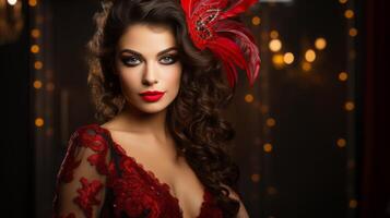 AI generated Glamorous brunette with bright makeup in a masquerade headdress and red sequin dress. Concept for masquerade, holiday, corporate party and nightlife. Ideal for fashion, luxury content photo