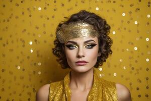 AI generated Golden-themed woman portrait with curls and shimmer, confetti backdrop. Perfect for celebratory events and glamour photography. Concept for masquerade, holiday, corporate party photo