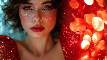 ai generado de cerca de un morena con Brillantina maquillaje y rojo espumoso vestir en bokeh luces antecedentes. concepto para mascarada, día festivo, corporativo fiesta y la vida nocturna. foto