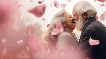 AI generated Affectionate elderly couple shares heartfelt kiss amidst soft background of rose petals, evoking everlasting love. Ideal for greeting cards and sentimental themes. Valentines day photo