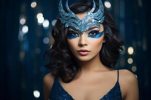 AI generated Young glamorous brunette with bright makeup in a masquerade mask and blue sequin dress on dark background. Ideal for fashion, event promotions. Concept for masquerade and corporate party. photo