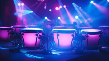 AI generated Conga drums illuminated by neon colorful stage lights. Can be used for musical event promotions or articles about live performances. Traditional percussion musical instrument photo