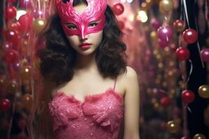 AI generated A young Asian woman in a sparkling pink dress and a masquerade mask, set against a festive background. Concept for masquerade, holiday and corporate party. photo