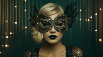 AI generated Young glamorous blonde woman with bright makeup in masquerade mask and green sequin dress on a sparkling background. Concept for masquerade, holiday and corporate party. photo