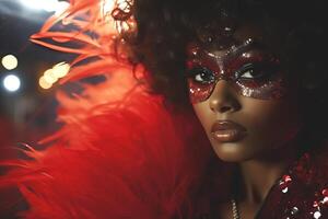 AI generated African American woman with voluminous hair and red attire. Retro style with a focus on 80s fashion. Concept for masquerade, holiday and corporate party. Ideal for fashion photo