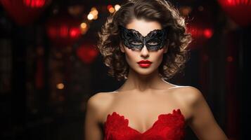 AI generated Glamorous brunette with bright makeup in a masquerade mask and red sequin dress on a dark background. Concept for masquerade, holiday, corporate party and nightlife. Ideal for fashion photo