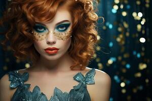 AI generated Young glamorous redhead woman with bright makeup in a masquerade mask and blue sequin dress on a sparkling background. Concept for masquerade, holiday, corporate party and nightlife photo