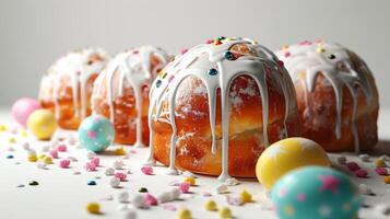 AI generated Freshly baked Easter cakes, Kuliches, with white glaze and colorful sprinkles, surrounded by colored eggs. Traditional Russian Easter cupcakes. Festive bread. photo