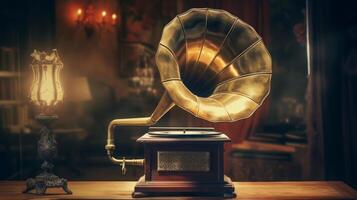 AI generated Vintage gramophone with golden horn on polished surface, illuminated by soft lighting. Can be used in articles, blogs, websites about vintage music players, antique collections photo