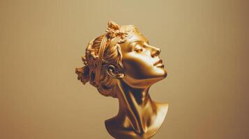 AI generated Golden statue of a female in profile against a light gold background, a modern take on classical art suitable for decor and design photo