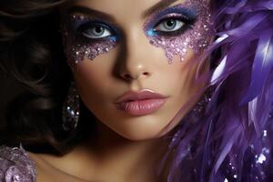 AI generated Young glamorous brunette with bright makeup in a masquerade mask and purple sequin dress on a dark background. Ideal for fashion, event promotions, or luxury content photo
